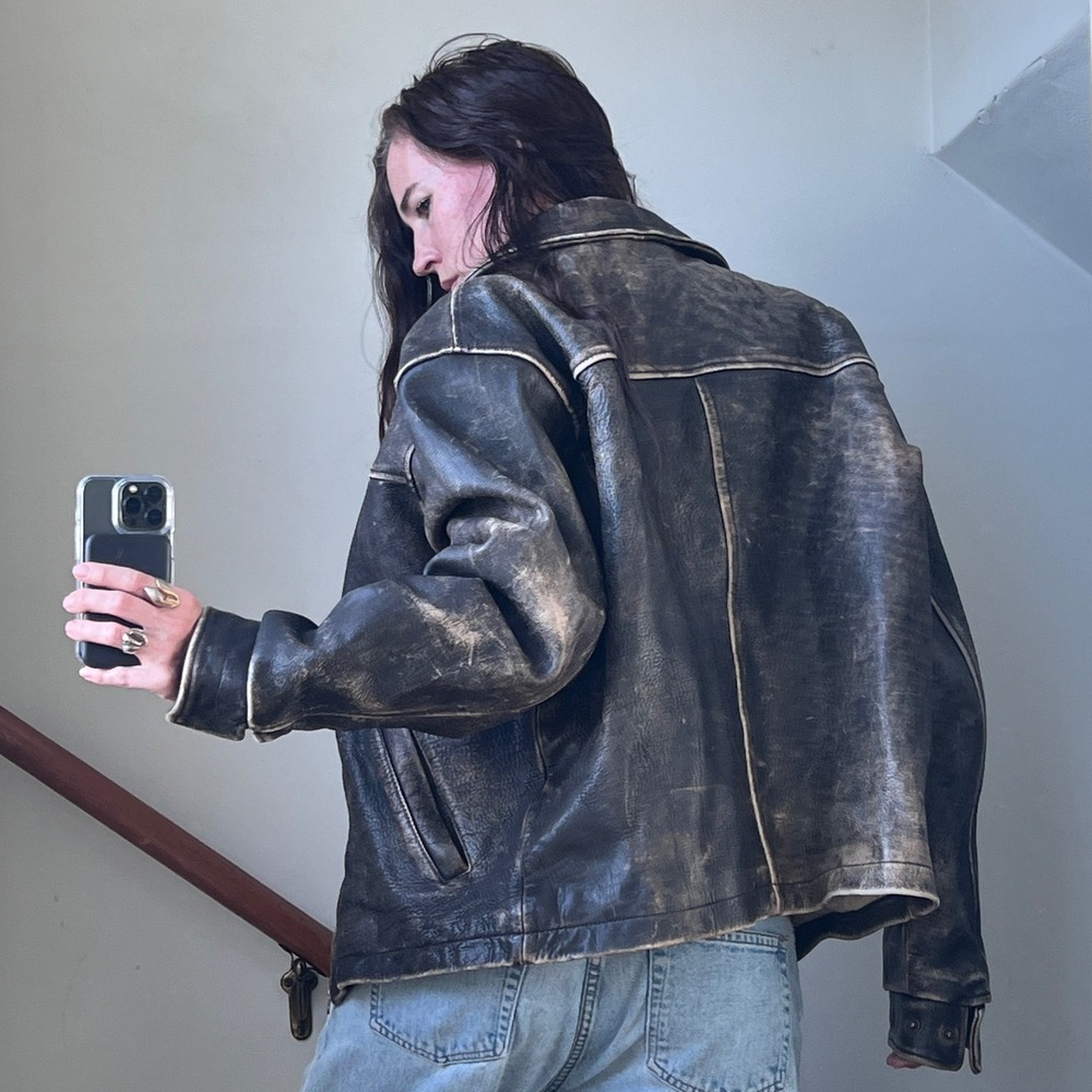 Vintage 90s J. Crew Leather Bomber Jacket Large Brown Worn Distressed Faded - Picture 6 of 12